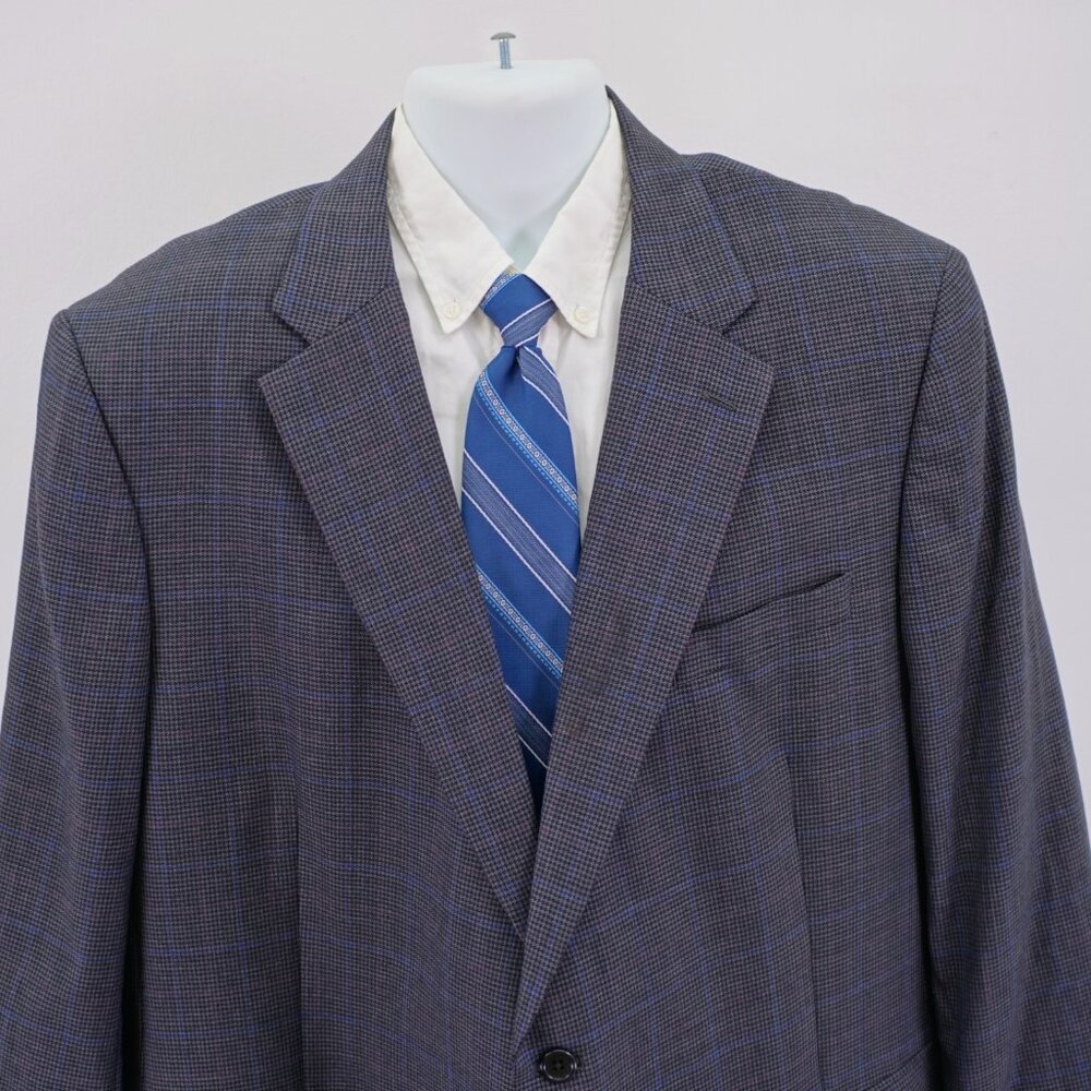 Jos A Bank Regal Fit Wool Gray Black Houndstooth W/ Purple Blue Windowpane 50L